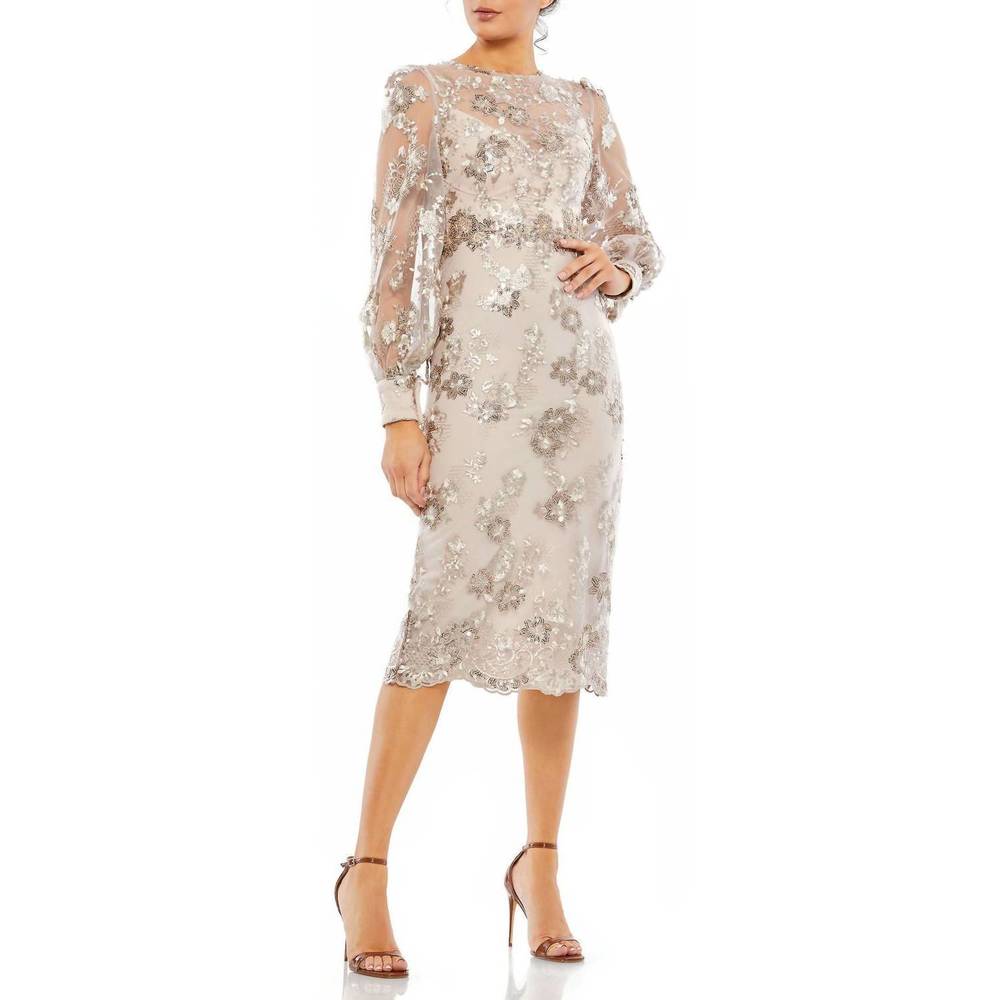 NEW MAC DUGGAL embellished high neck illusion long sleeve midi dress in mocha - Picture 2 of 6
